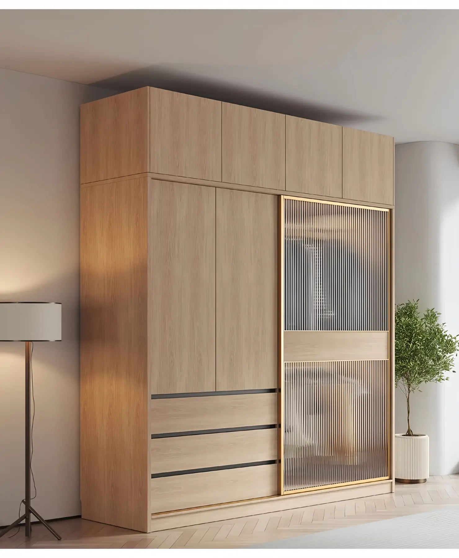 Light oak sliding door wardrobe with a frosted glass panel and an illuminated open display section