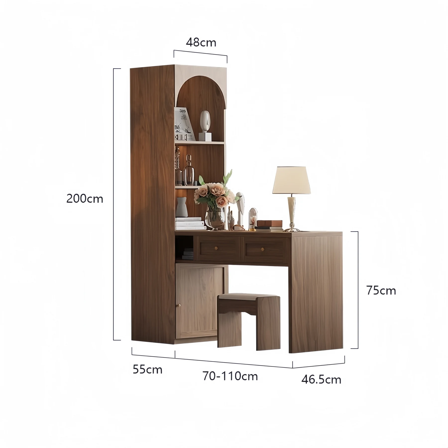Dressing table 75 cm high, 46.5 cm deep, with a 200 cm tall side column 48 cm wide