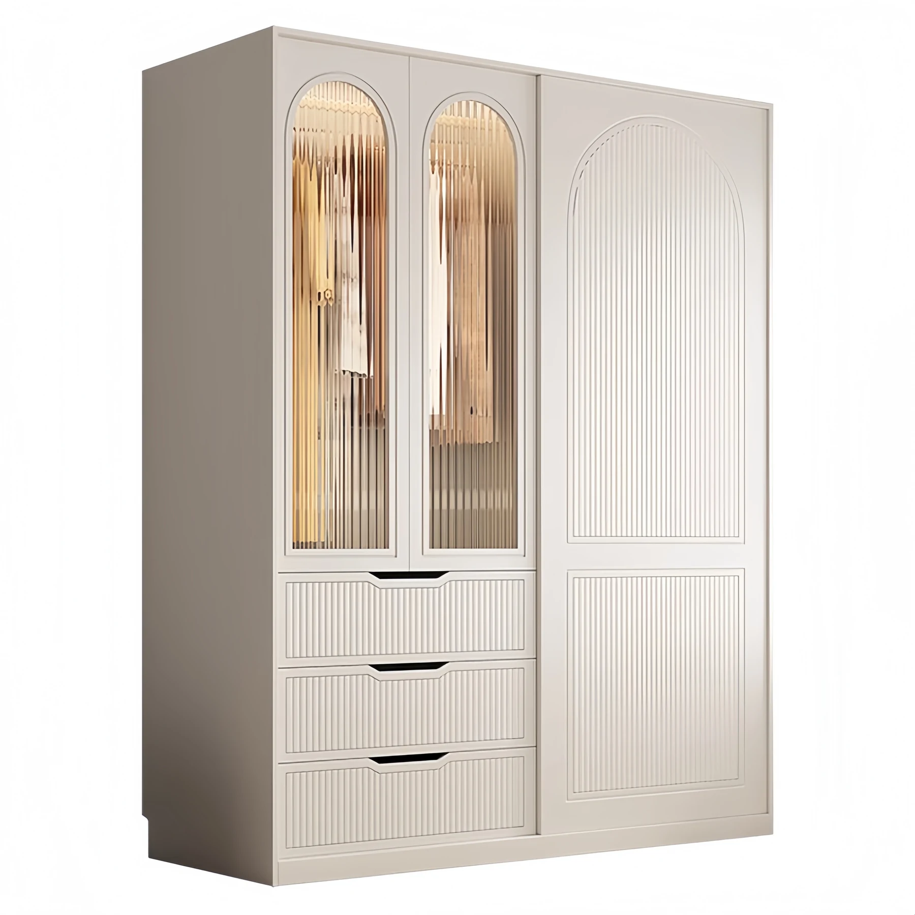 Cream wardrobe with arched door panels and an integrated desk and shelving column