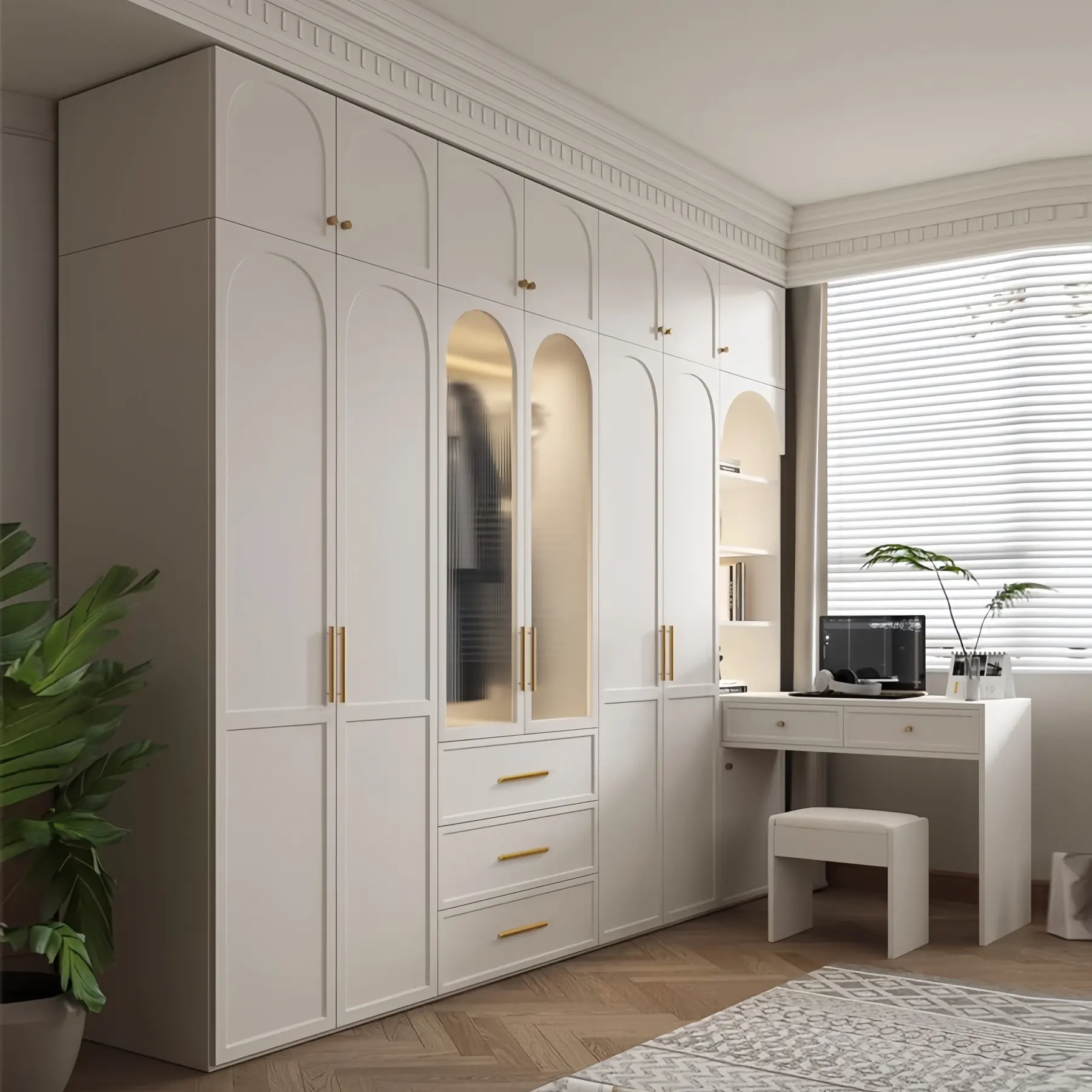 Cream wardrobe with arched door panels a full length mirror door and slim gold handles