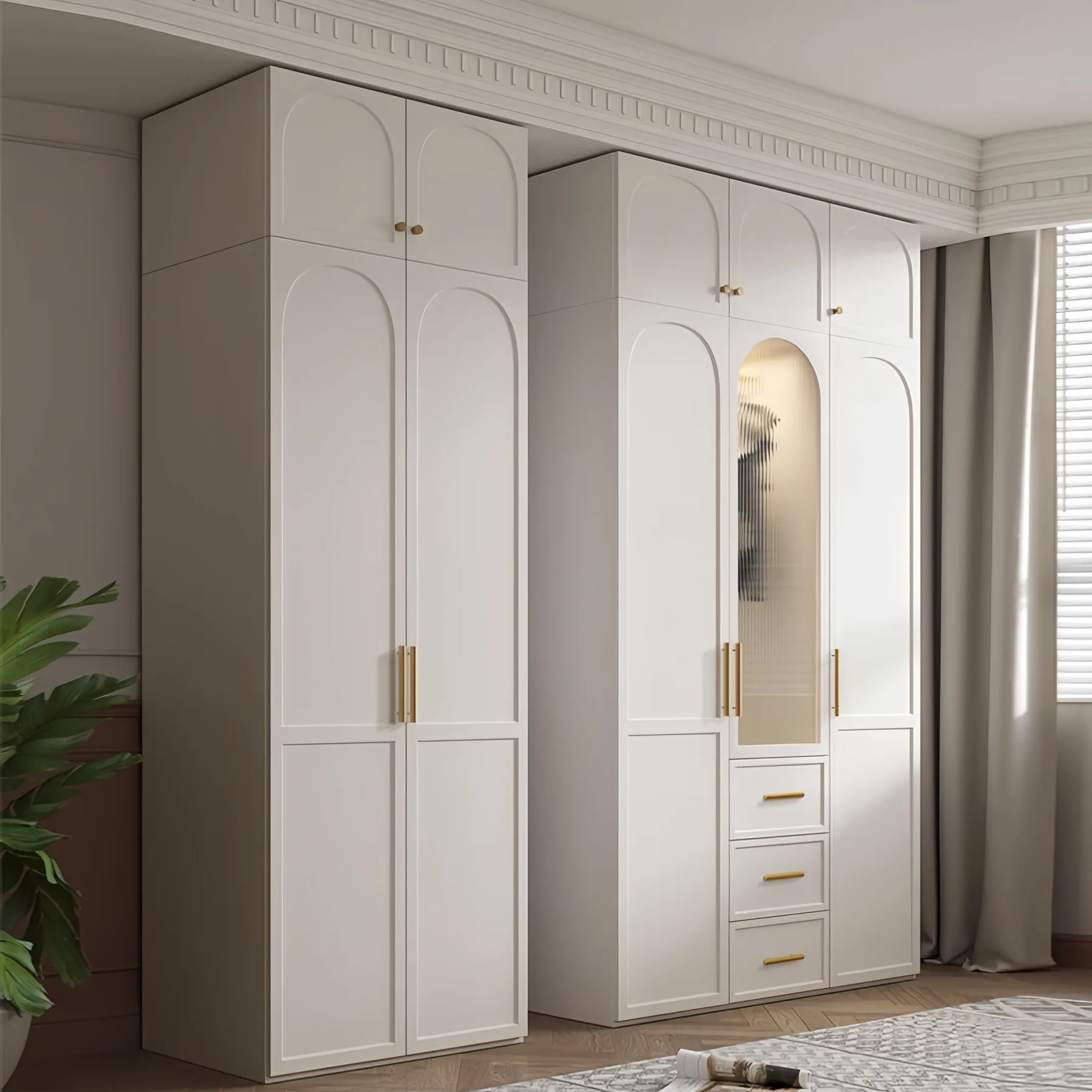 Cream wardrobe with arched door panels a full length mirror door and slim gold handles
