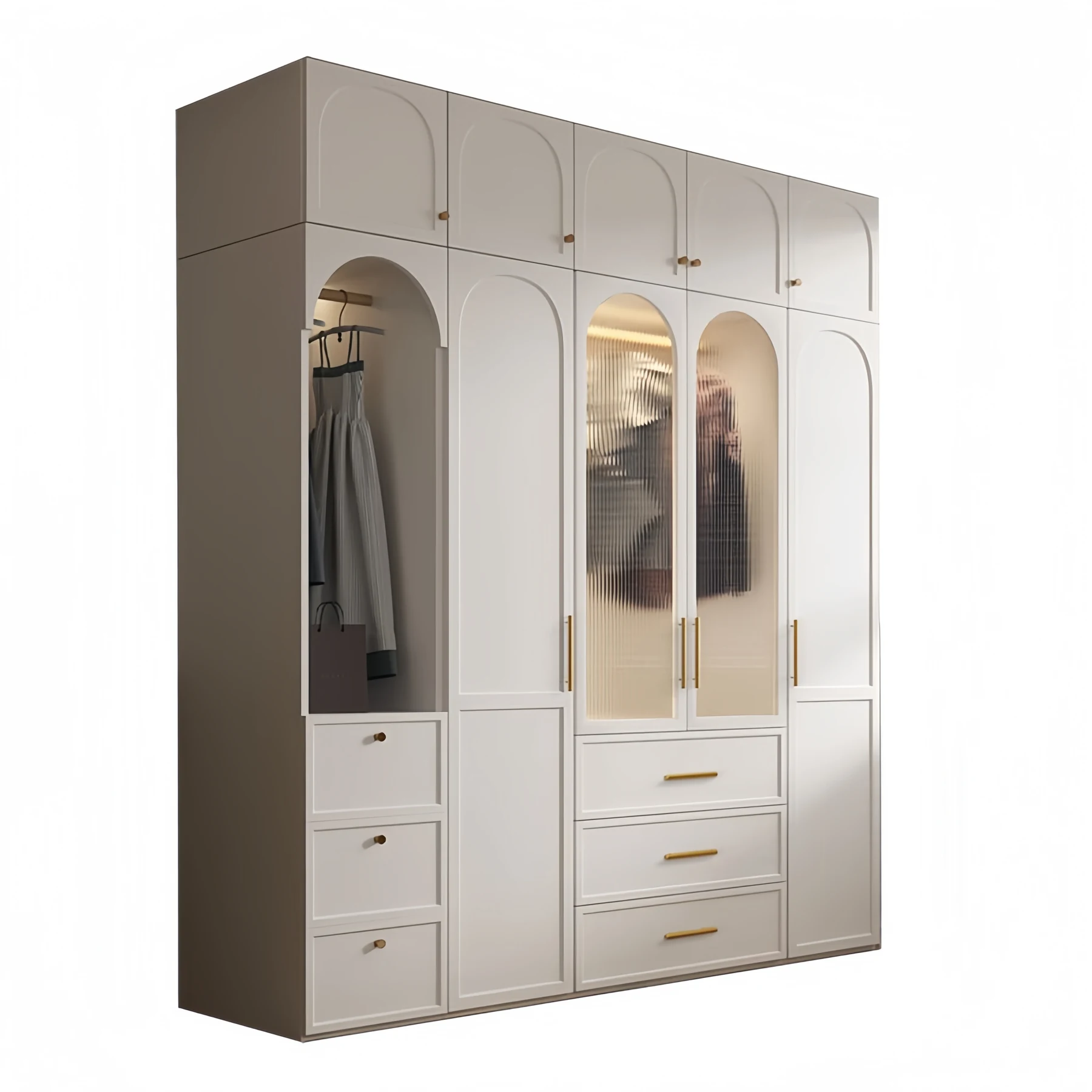 Cream arched wardrobe shown open with hanging and drawer storage