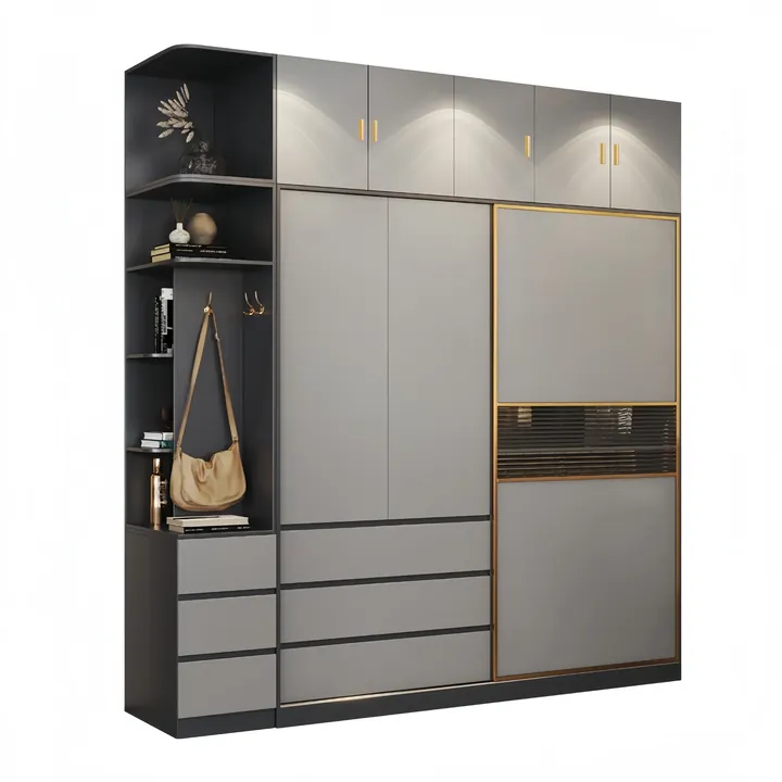 Two tone grey sliding door wardrobe with an open display column and internal hanging visible