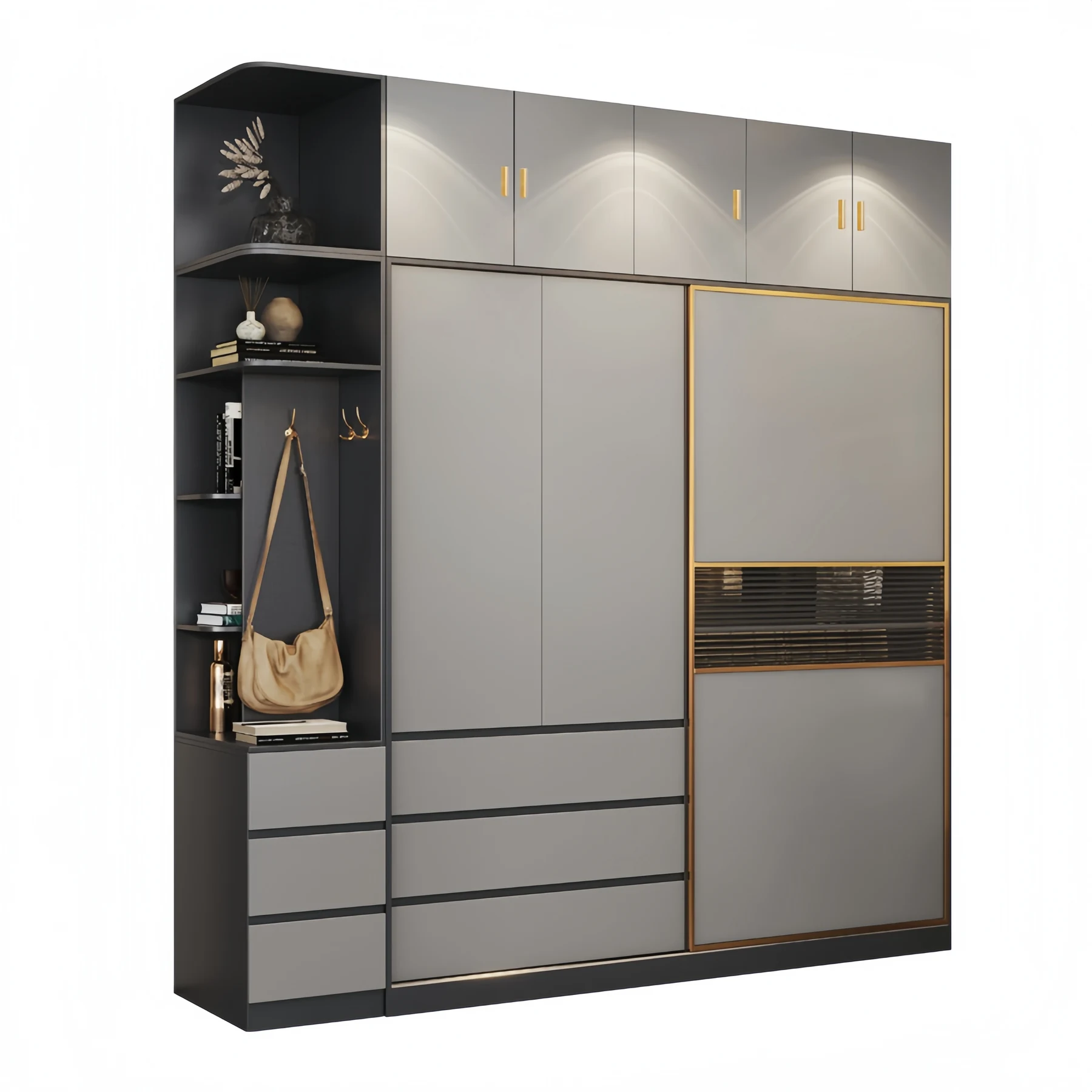Two tone grey sliding door wardrobe with an open display column and internal hanging visible