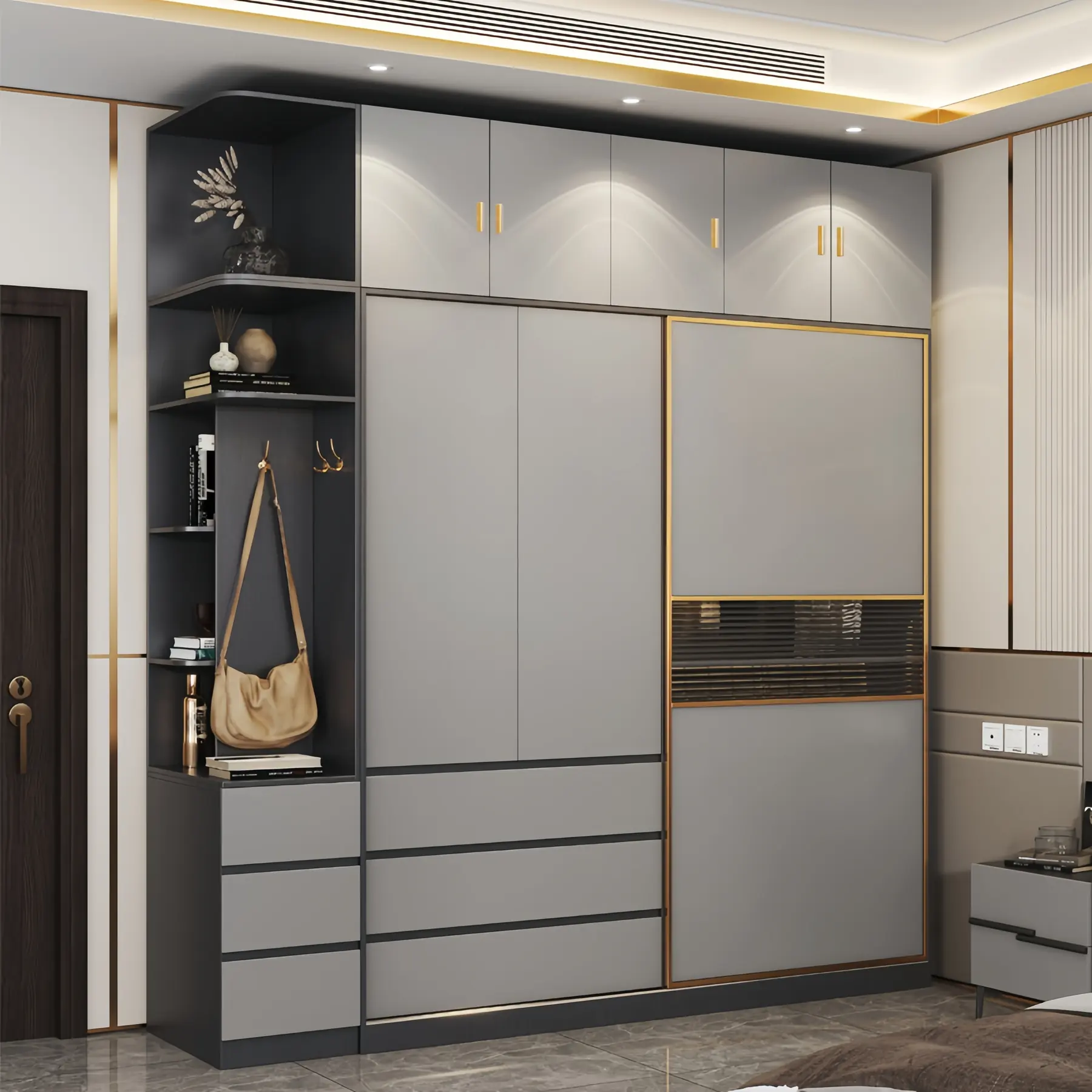 Two tone grey sliding door wardrobe with an open display column and internal hanging visible