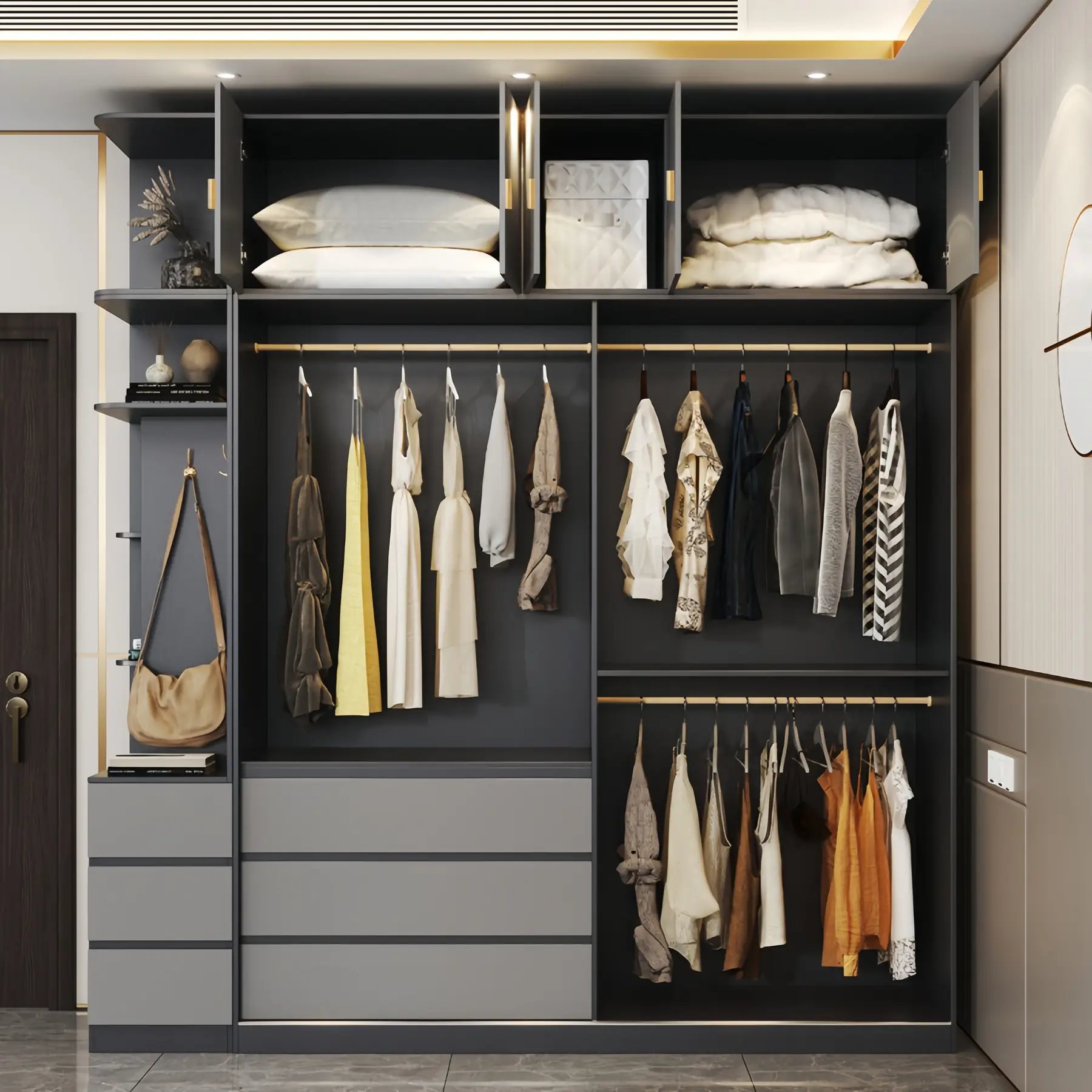 Two tone grey sliding door wardrobe with an open display column and internal hanging visible