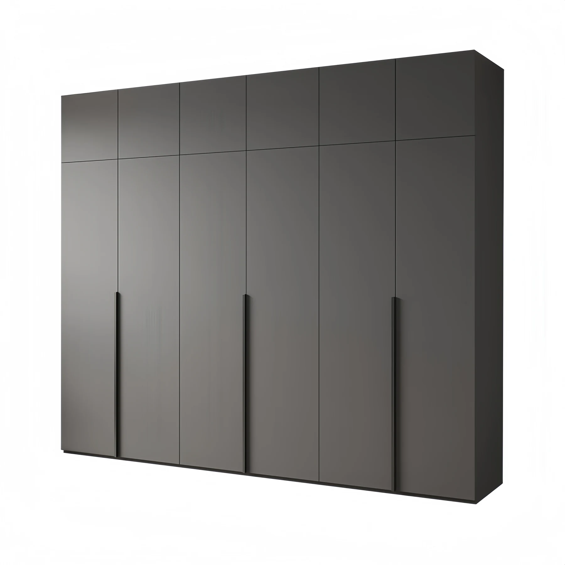Long dark grey flat panel wardrobe run with recessed vertical handles