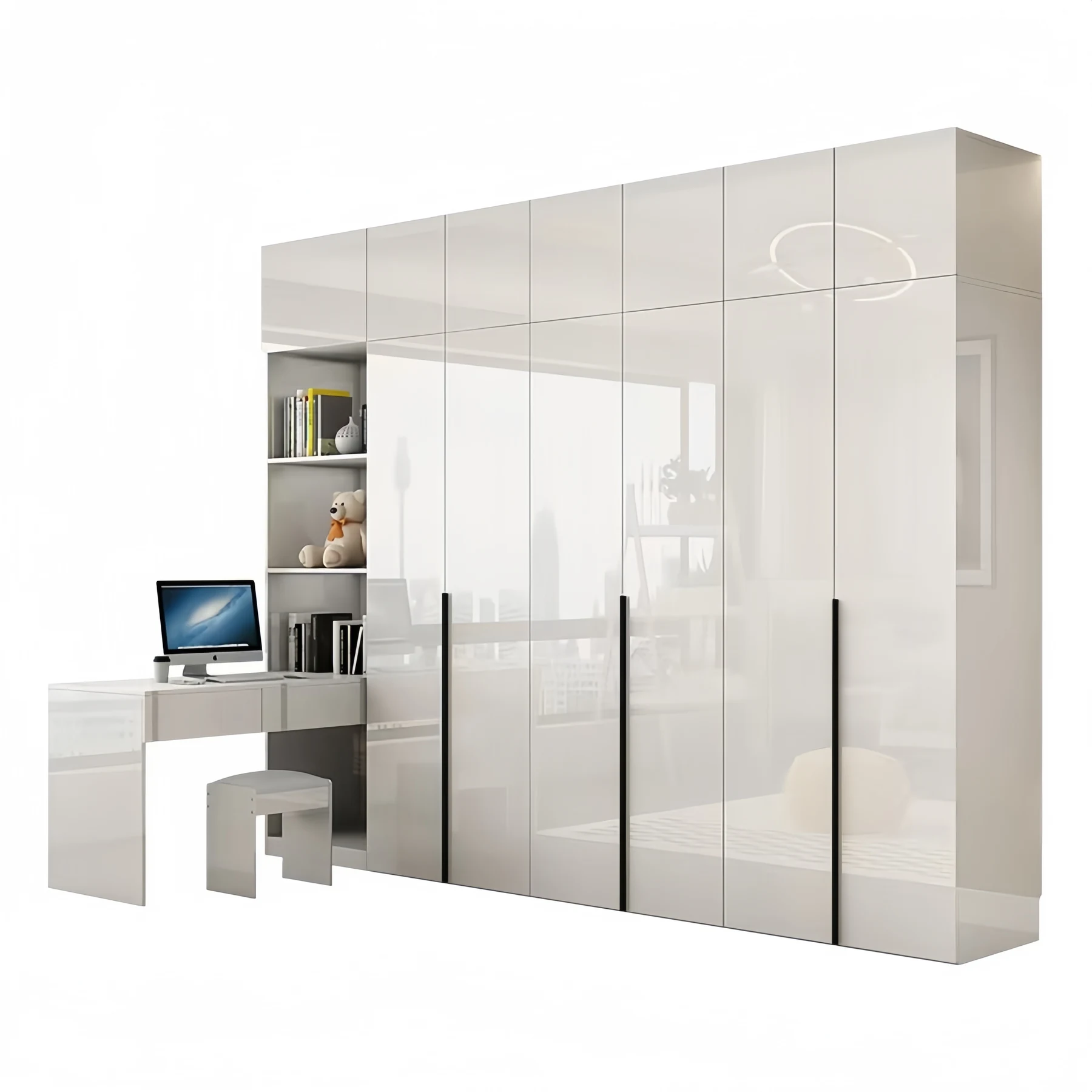 High gloss cream wardrobe run with gold vertical inlays beside an integrated desk and stool