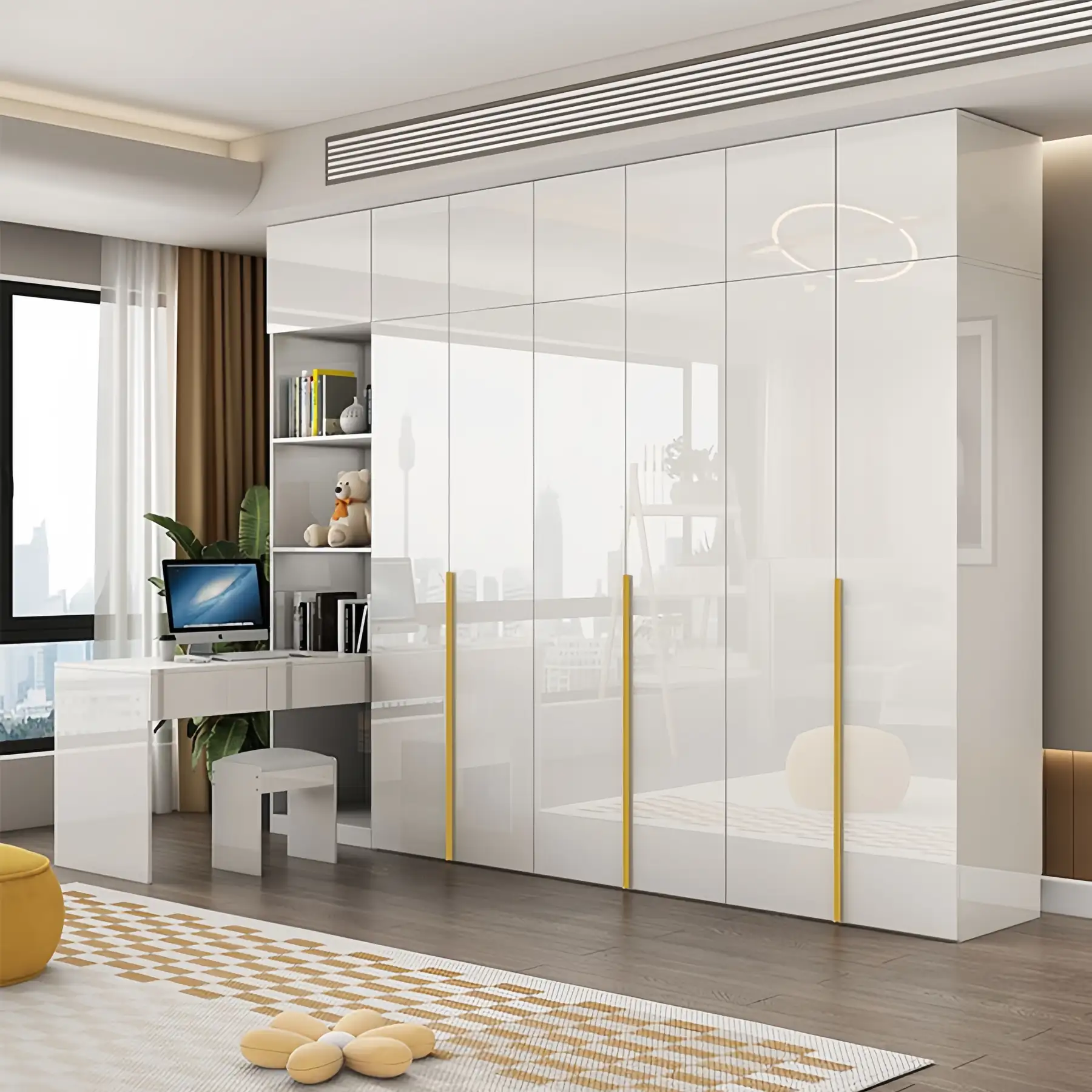 High gloss cream wardrobe run with gold vertical inlays beside an integrated desk and stool