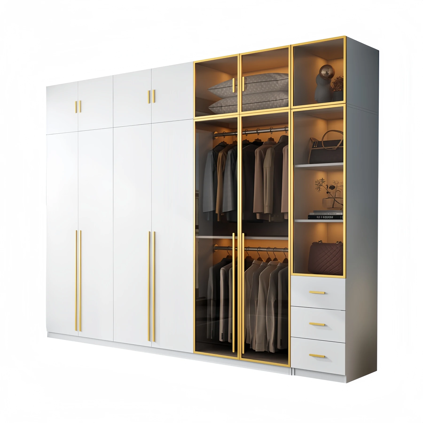 White wardrobe with a gold framed glass display bay showing lit hanging space inside