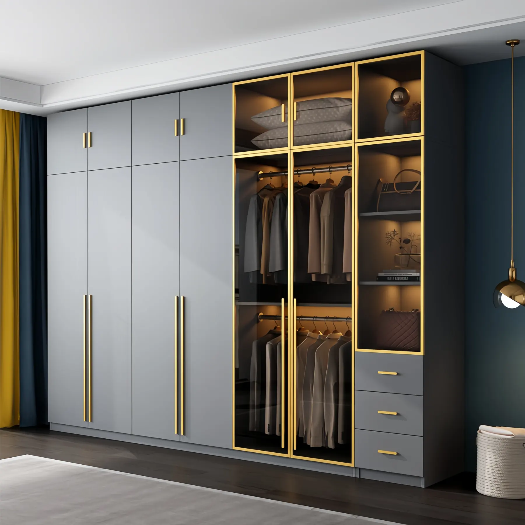 White wardrobe with a gold framed glass display bay showing lit hanging space inside
