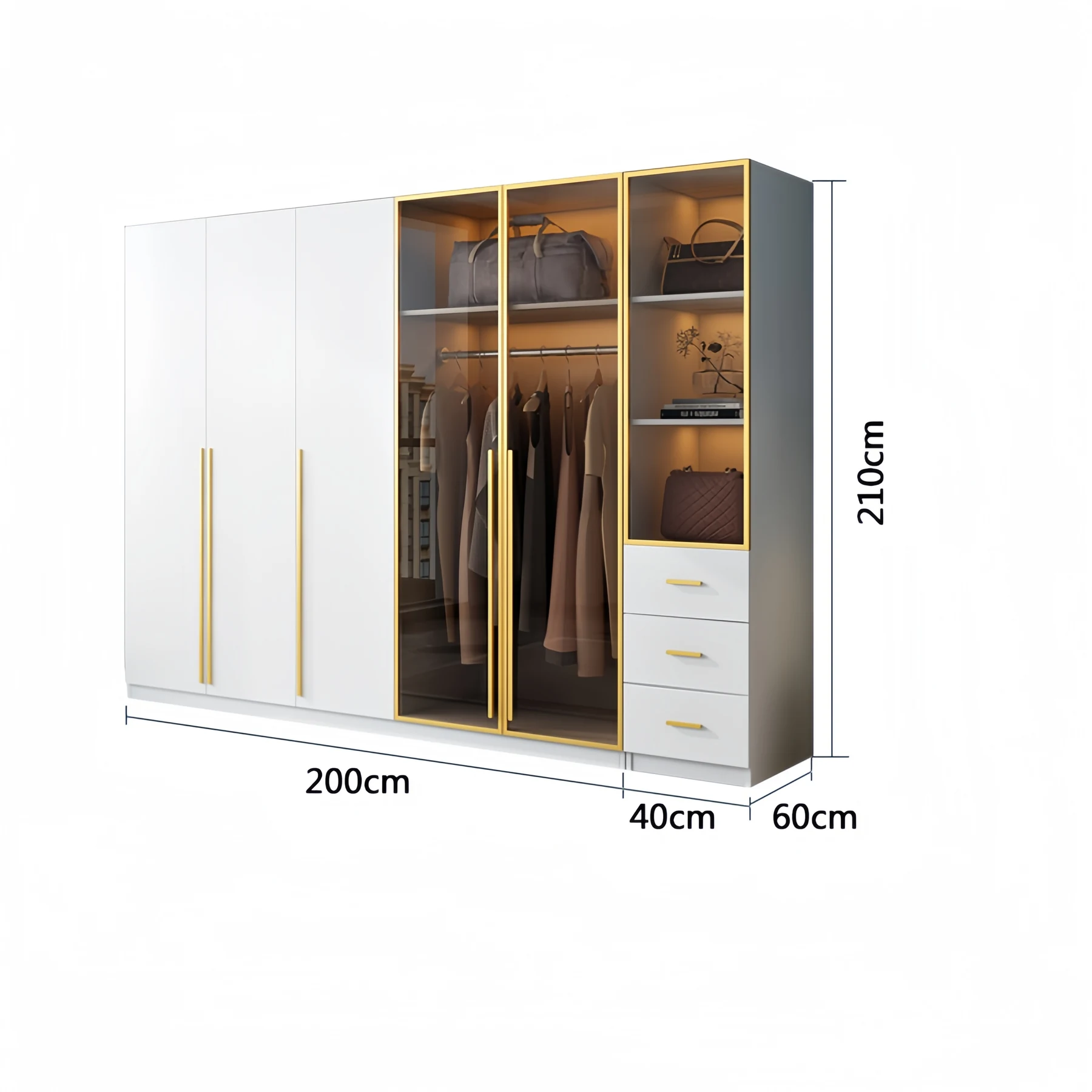 200 cm run with a 40 cm section, 60 cm deep, 210 cm high