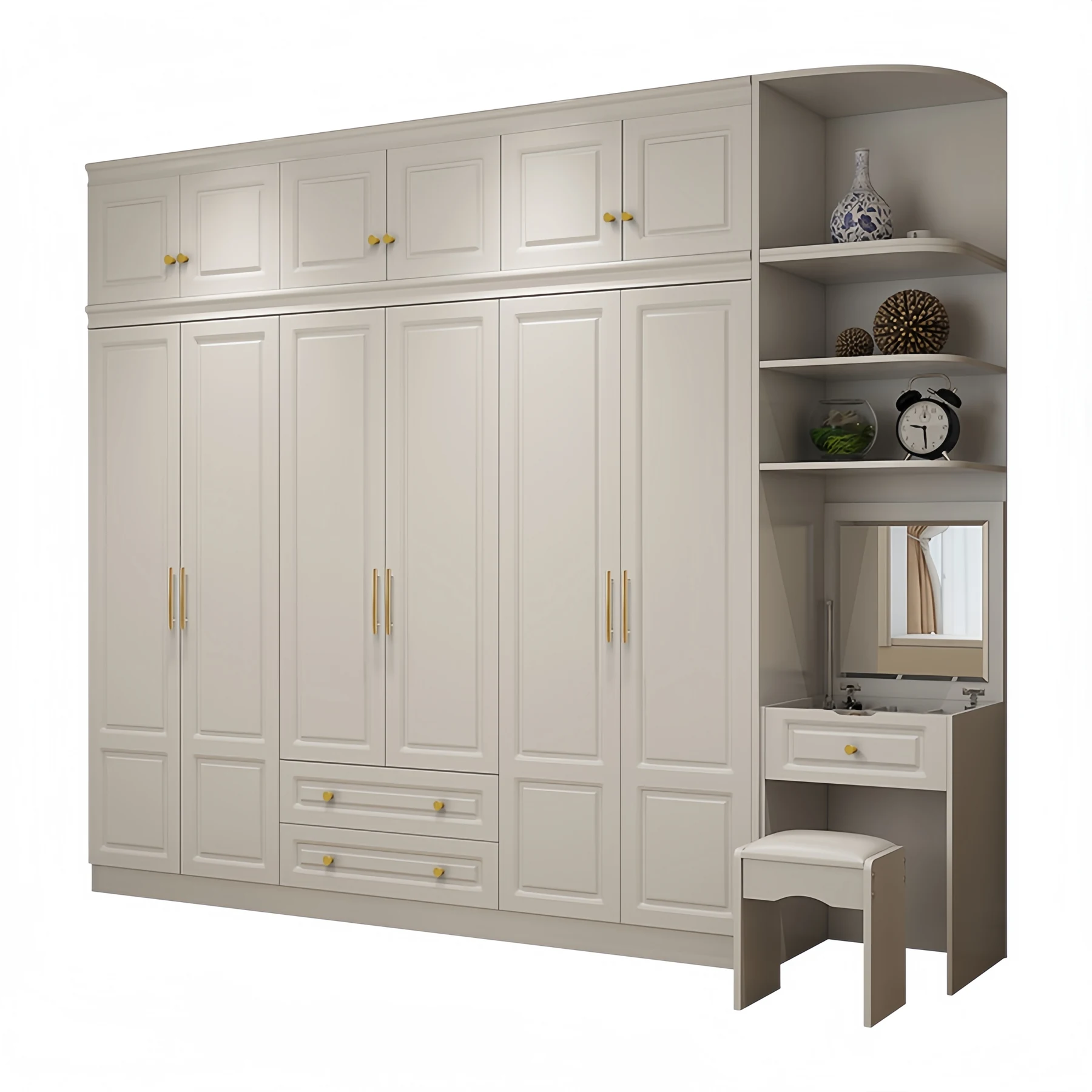 Cream six door raised panel wardrobe with top boxes and an open display shelf tower at one end