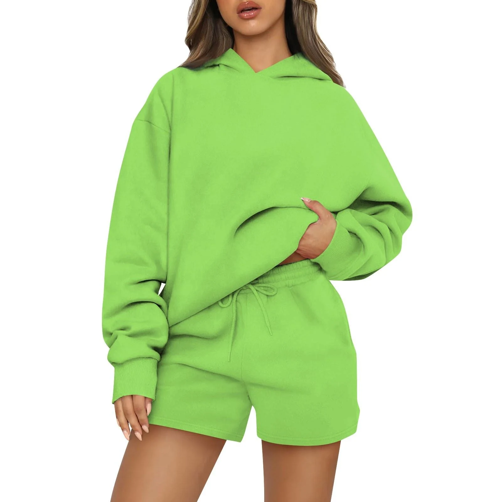 Custom Printing Women Fashion Hoodie Two-Piece Short Set - view 2