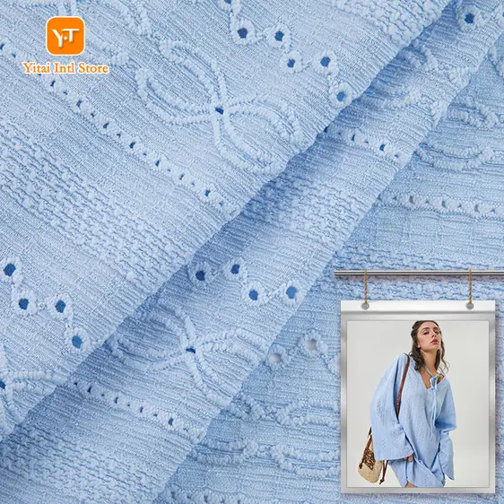 Light Blue Mesh Net Jacquard Embroidered Eyelet Fabric - view 4