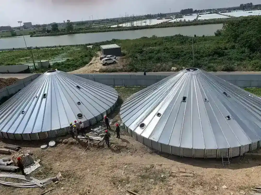Large diameter flat bottom galvanized silos in a row at a grain storage site