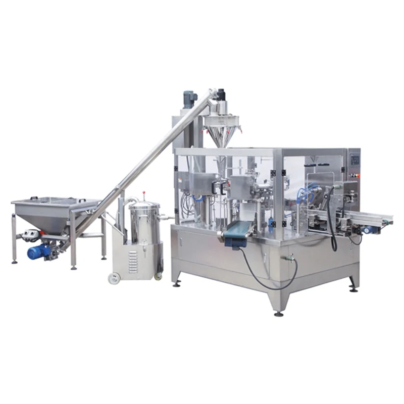 Doypack powder packing machine with rotary pouch clamps and filling station