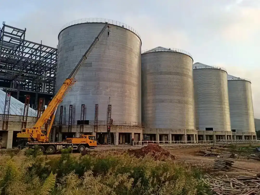 Corrugated galvanized flat bottom silos with a central elevator tower and roof catwalk