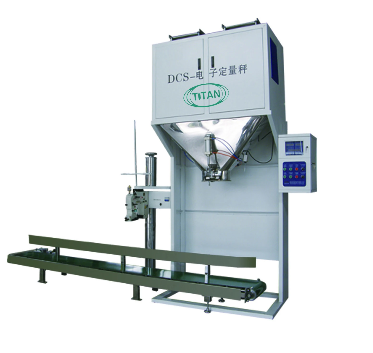 TITAN quantitative packing scale with bag clamp and outfeed belt conveyor