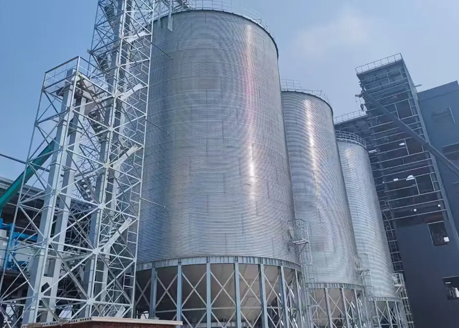 Cone bottom steel silo on a concrete support structure next to a flat bottom silo