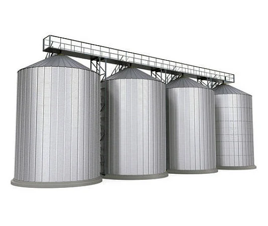 Steel grain silo with filling conveyor and support tower at a storage site