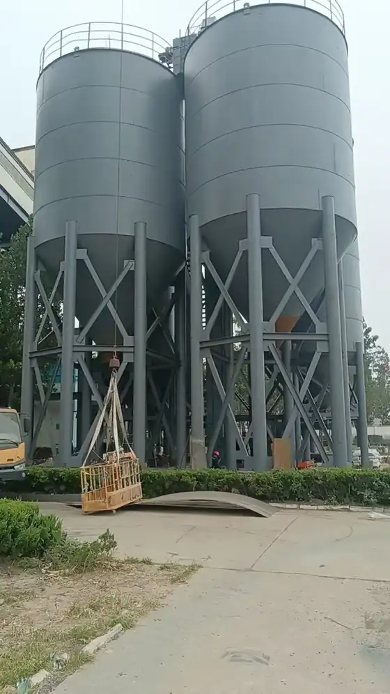 Welded silo shell with external ladder and top platform under construction