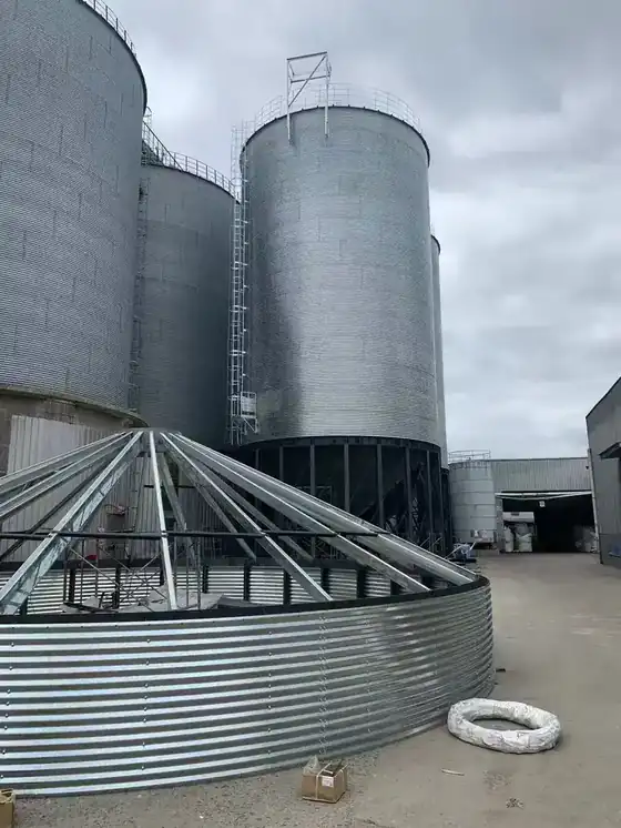 Paddy storage silo with hopper cone and support structure at a rice mill