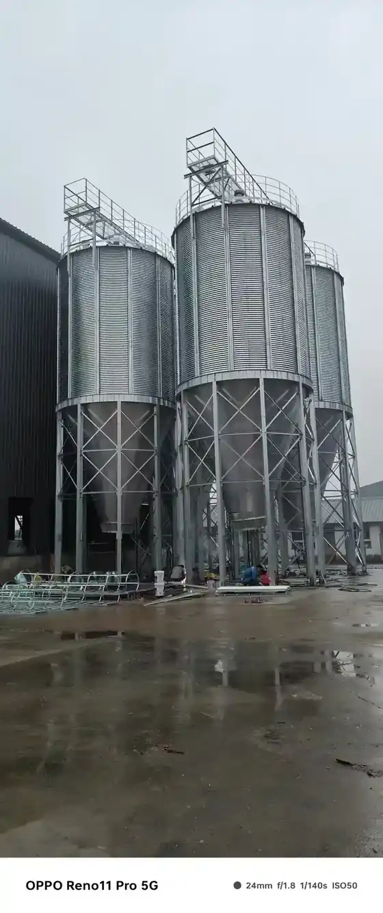 Galvanized cone granary with roof filling point and access ladder