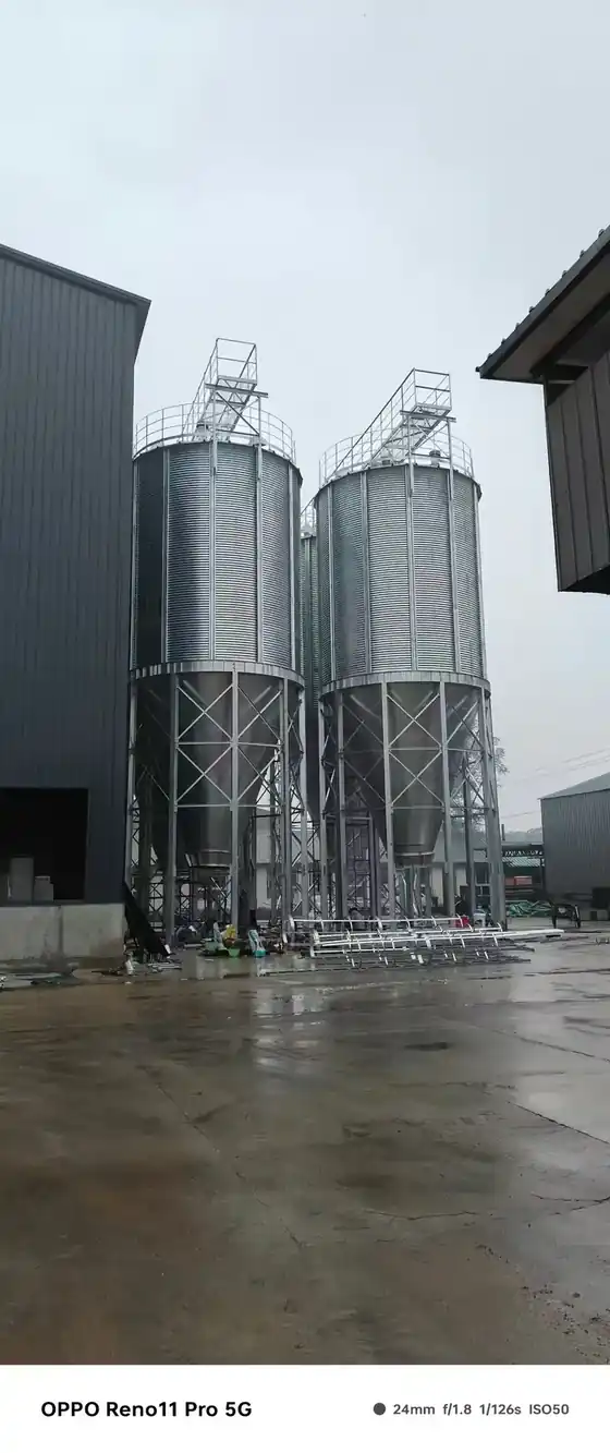 Feed silos with cone discharge and outlet valves above a delivery point
