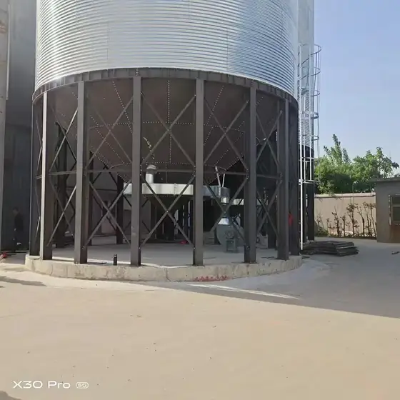Bolted galvanized silo shell with ladder and inspection door at a mill site