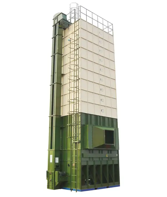 Grain dryer tower with discharge conveyor and control cabinet