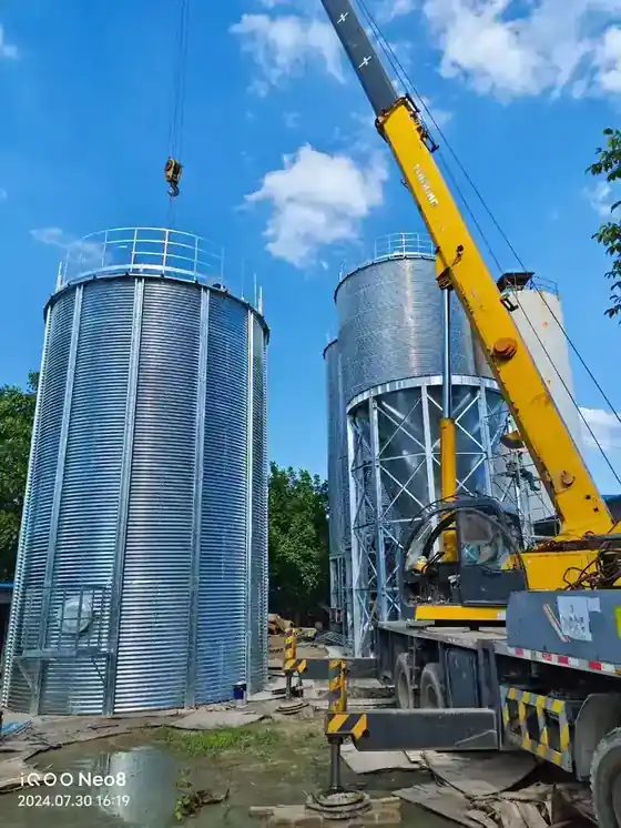 Cone bottom silo raised on a concrete foundation with discharge underneath