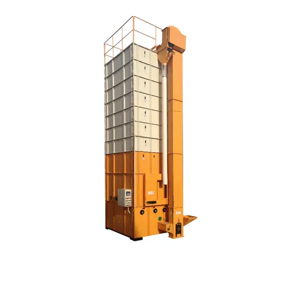 Grain dryer body with loading elevator and control panel