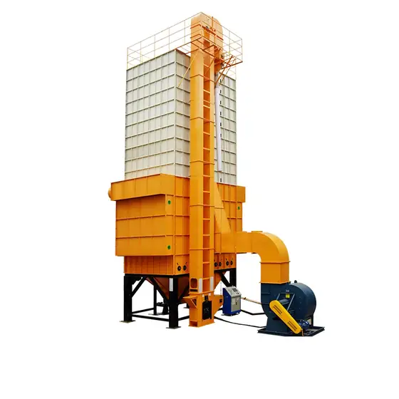Batch circulating grain dryer with husk furnace and discharge conveyor