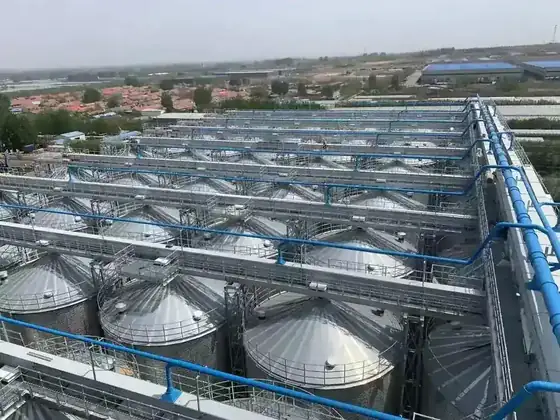 Flat bottom galvanized steel silos on concrete slabs at a grain storage site