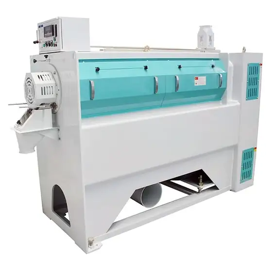 Rice polisher with feed inlet and blade shaped polishing screen