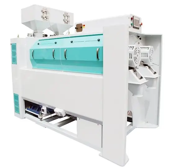 Rice polisher drive side with motors and belt guards