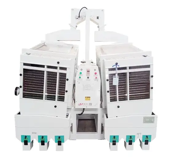 Paddy separator frame with inlet distribution and outlet gates