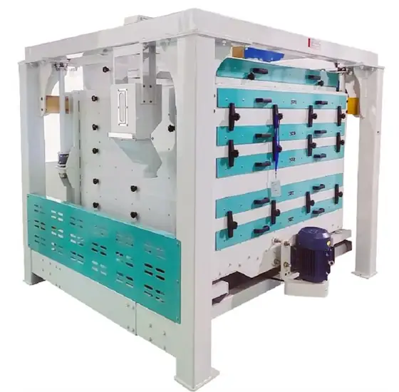Rice grading machine with inlet distribution and outlet spouts