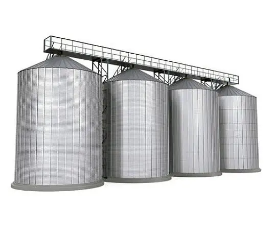 Steel grain silo with filling conveyor and support tower at a storage site
