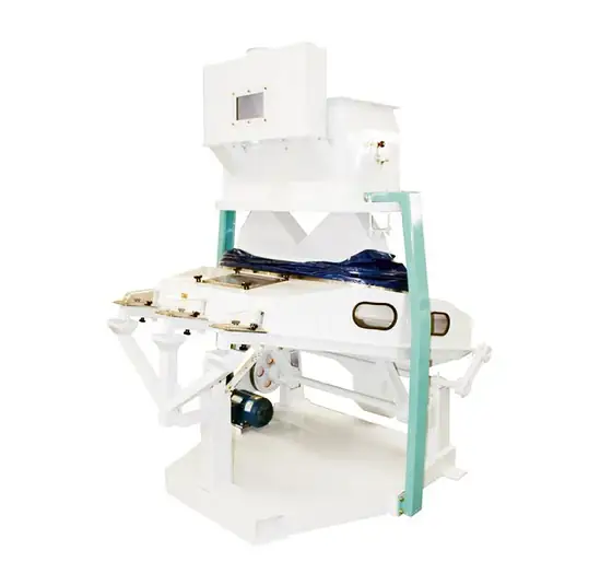 Destoner outlet section with stone discharge and product chute