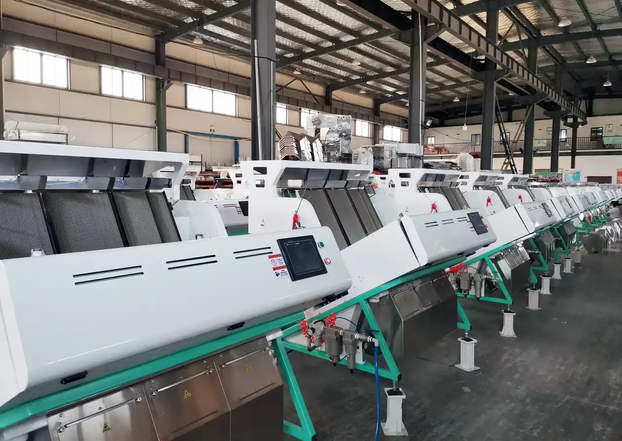 Row of TITAN optical sorters on the assembly line inside the Hefei workshop