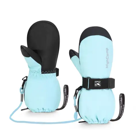 Light blue kids snow mittens with wrist leash