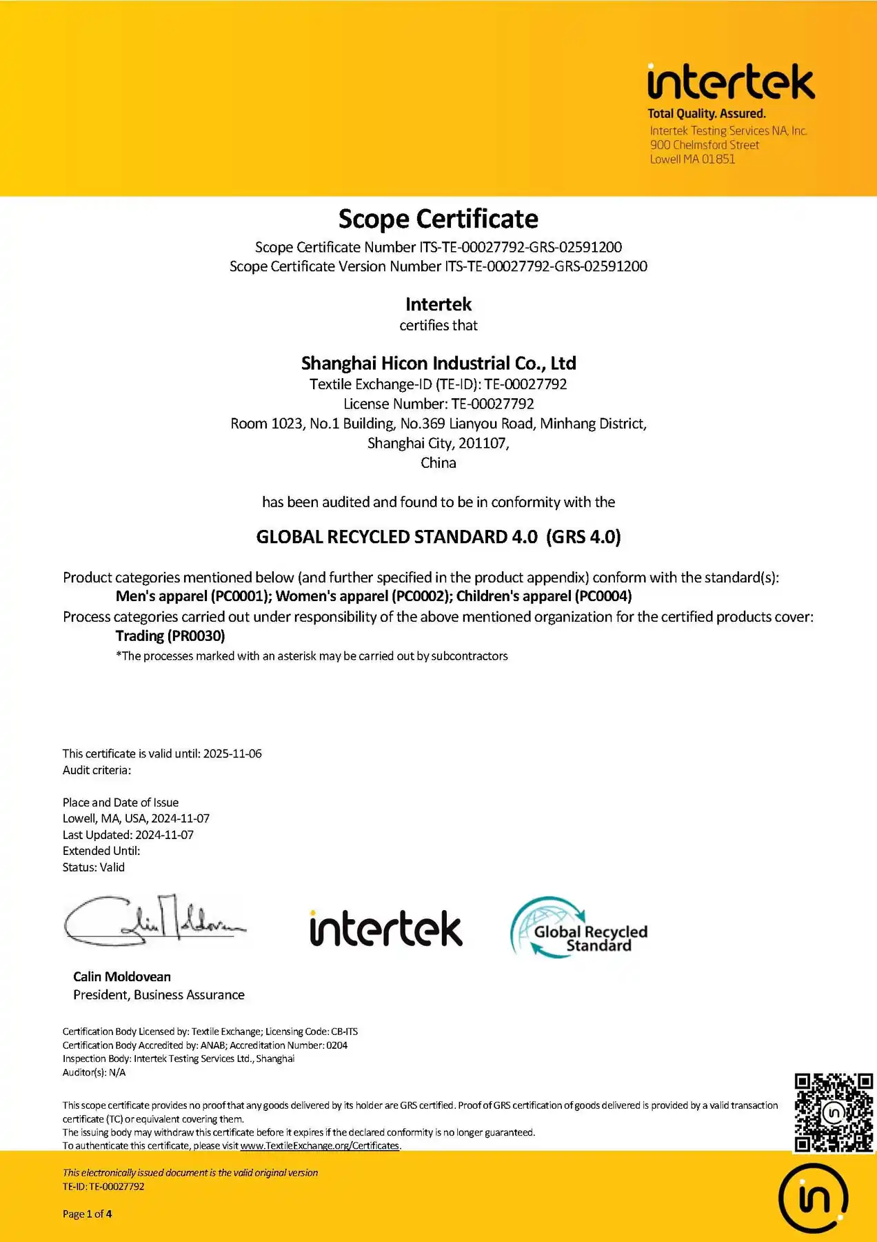 Intertek GRS scope certificate first page