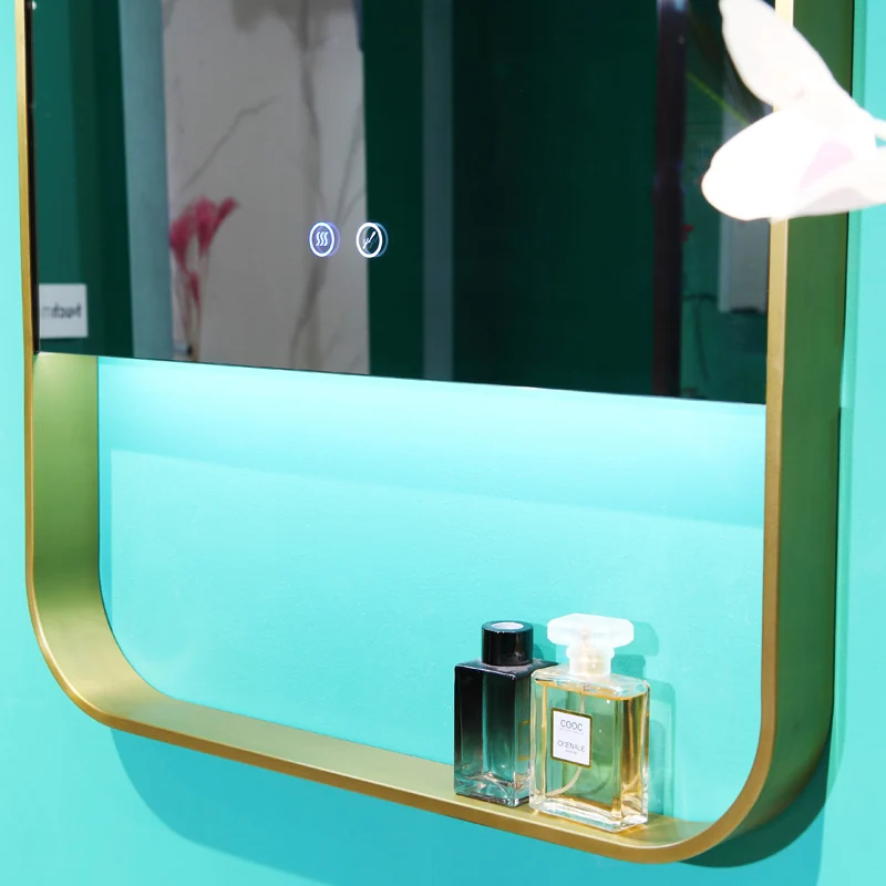 Luxury LED Backlit Illuminated Mirrors with Golden Frame and Shelf