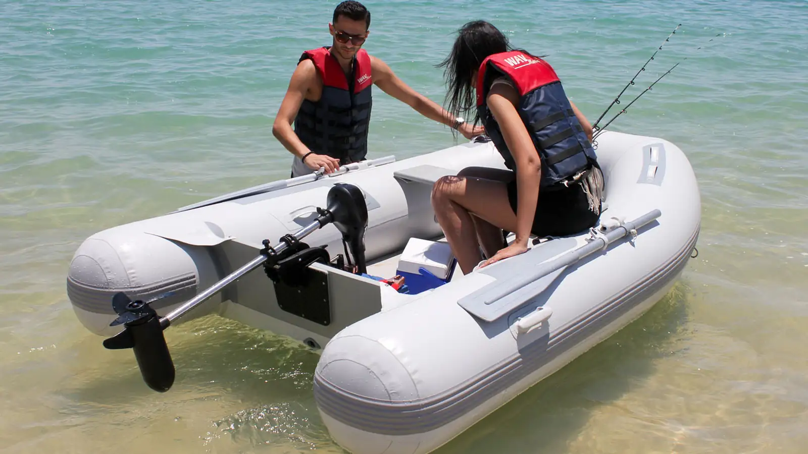 Hightime electric trolling motor mounted on the transom of an inflatable fishing boat