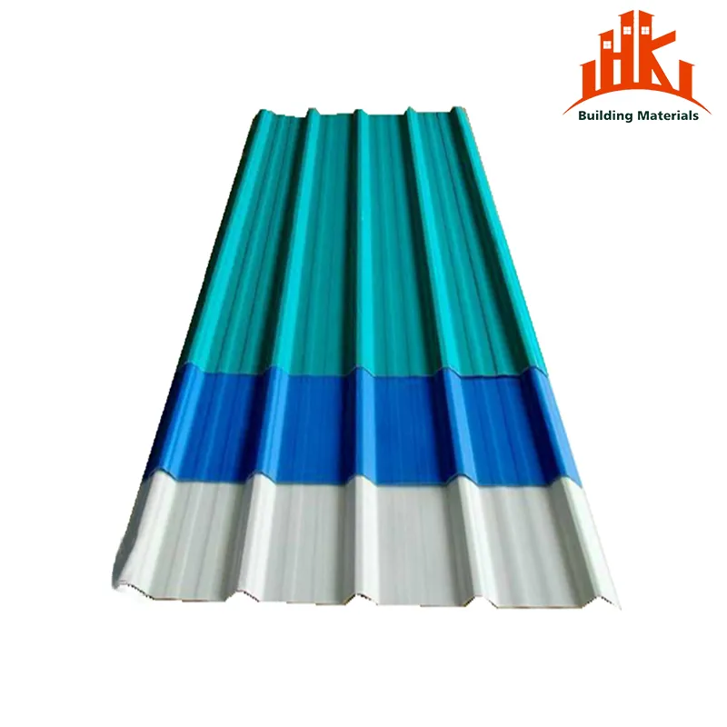 Corrugated metal roof sheet with teal, blue, and white color bands