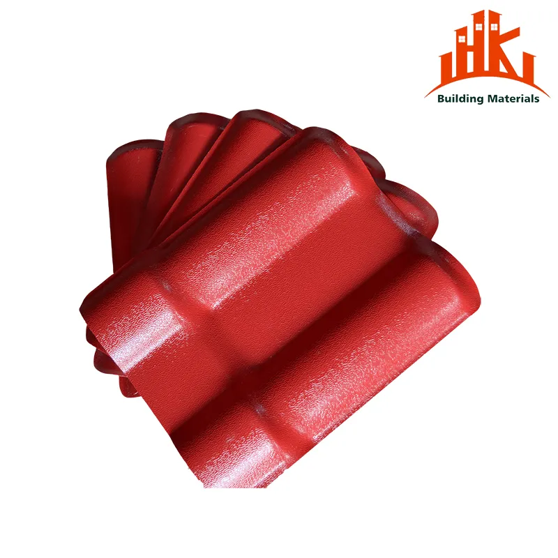 Stack of red synthetic resin roof tiles, glossy finish, fanned out on white background