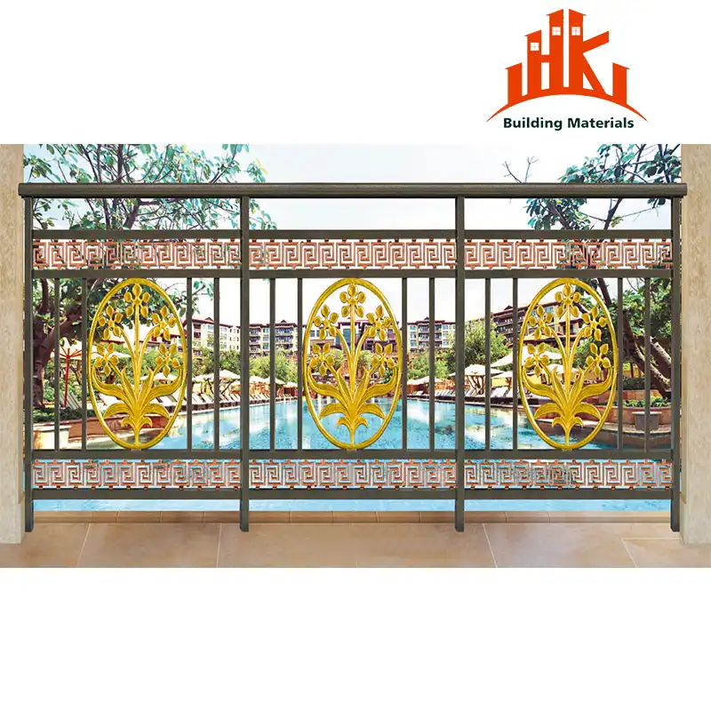 Decorative metal balcony railing with gold oval floral patterns and Greek key borders