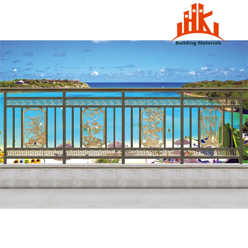 Gold and brown metal balcony railing with decorative panels